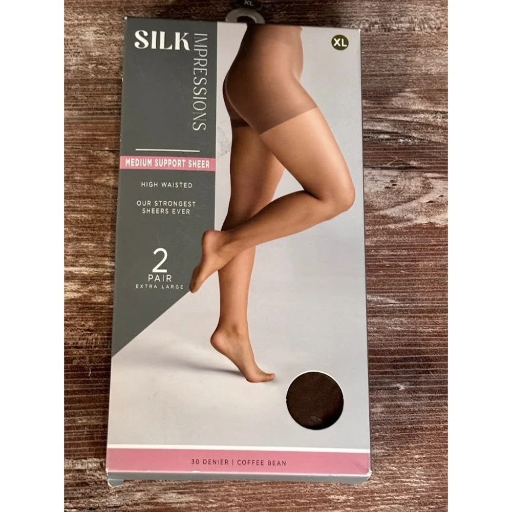 Silk Impressions‎ Medium Support Sheer High Waisted Tights 2 Pair XL Coffee Bean